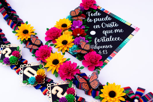 Mexico Lindo y Querido Bundle Graduation Cap Topper & Satin Ribbon Lei Bundle