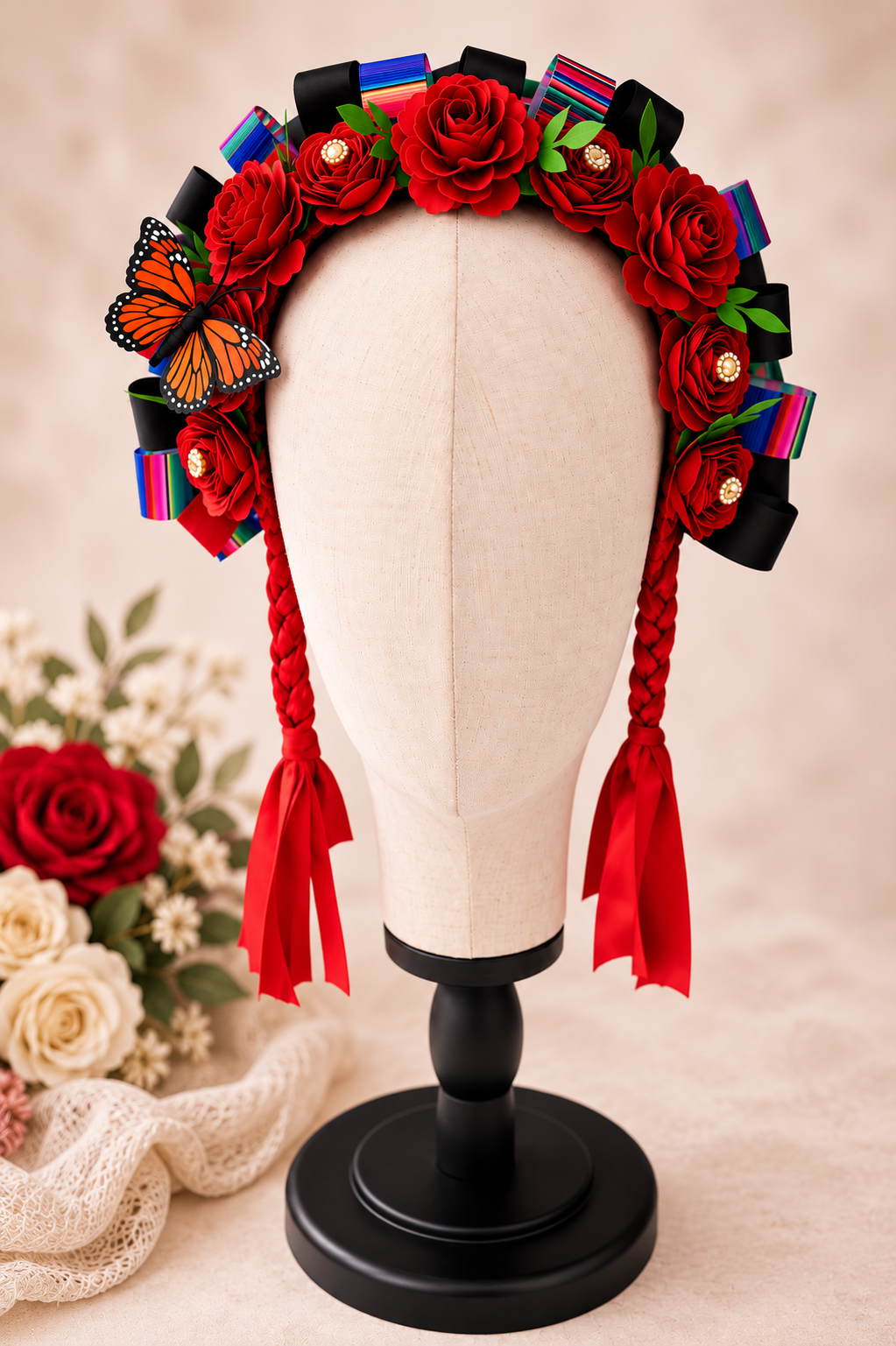 Handmade Traditional Mexican Lele Headband | Ribbon & Paper Flower Headband