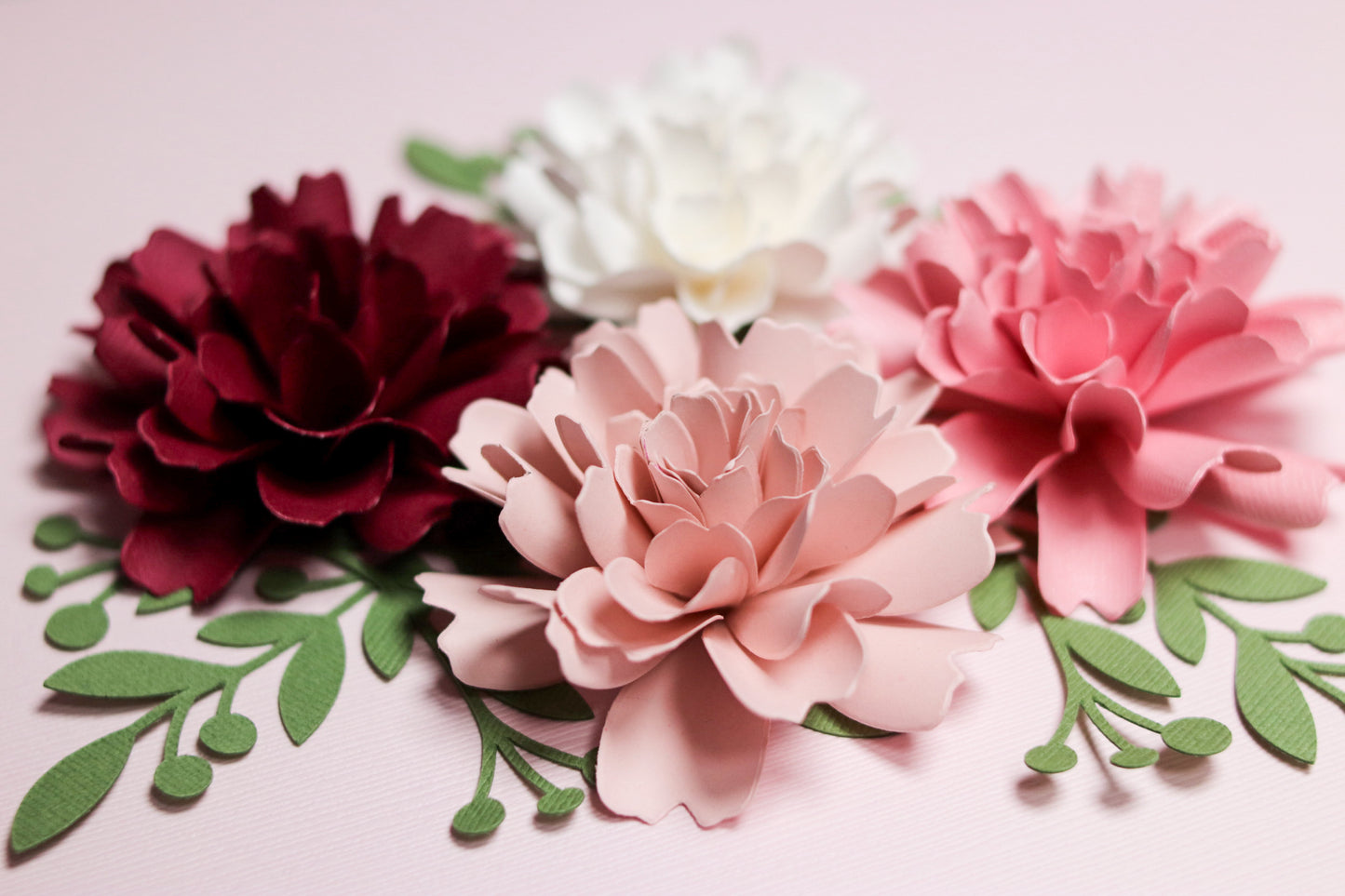 Valentina Flower II - Cardstock Flowers with Leaves 12 Pack – 2.75"