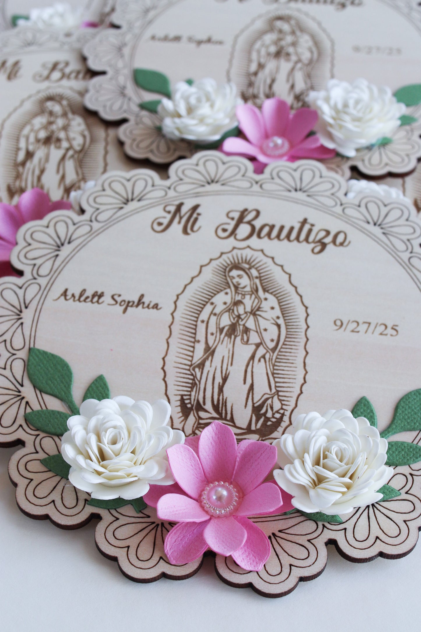 Set of 12 Wooden Baptism Keepsakes / Recuerdos de Bautizo – Personalized (San Judas or Virgen de Guadalupe)