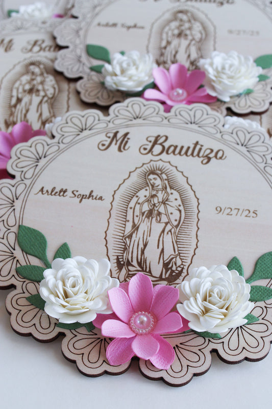 Set of 12 Wooden Baptism Keepsakes / Recuerdos de Bautizo – Personalized (San Judas or Virgen de Guadalupe)
