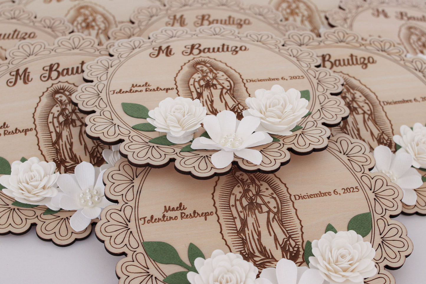 Set of 12 Wooden Baptism Keepsakes / Recuerdos de Bautizo – Personalized (San Judas or Virgen de Guadalupe)