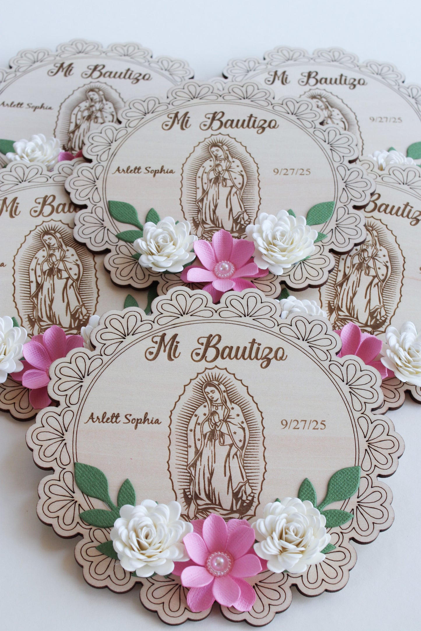 Set of 12 Wooden Baptism Keepsakes / Recuerdos de Bautizo – Personalized (San Judas or Virgen de Guadalupe)