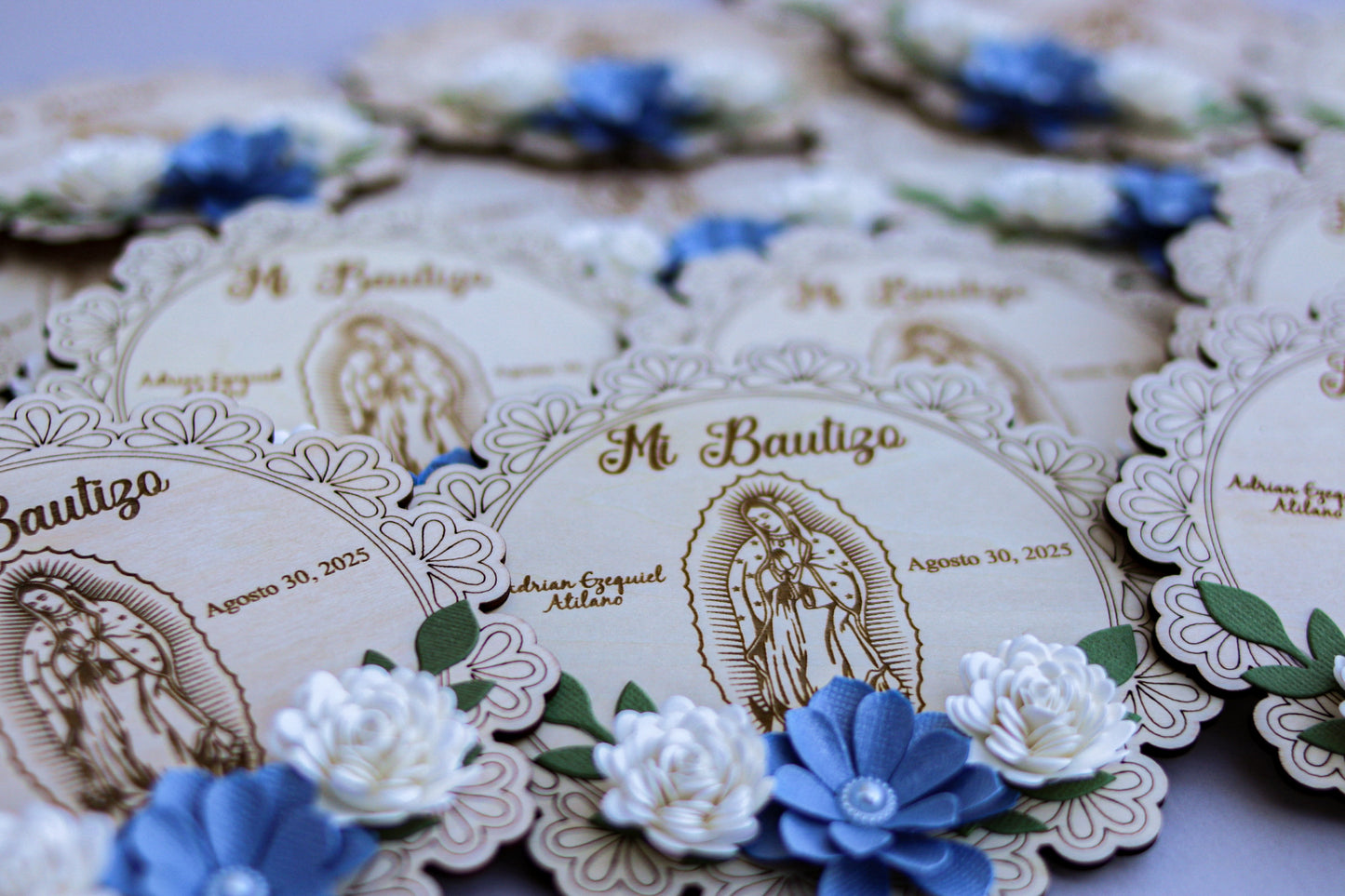 Set of 12 Wooden Baptism Keepsakes / Recuerdos de Bautizo – Personalized (San Judas or Virgen de Guadalupe)