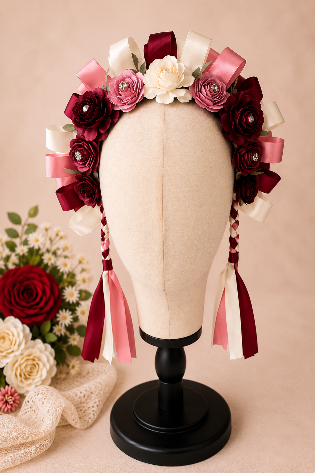 Traditional Mexican Lele Headband Ribbon & Paper Flower Headband