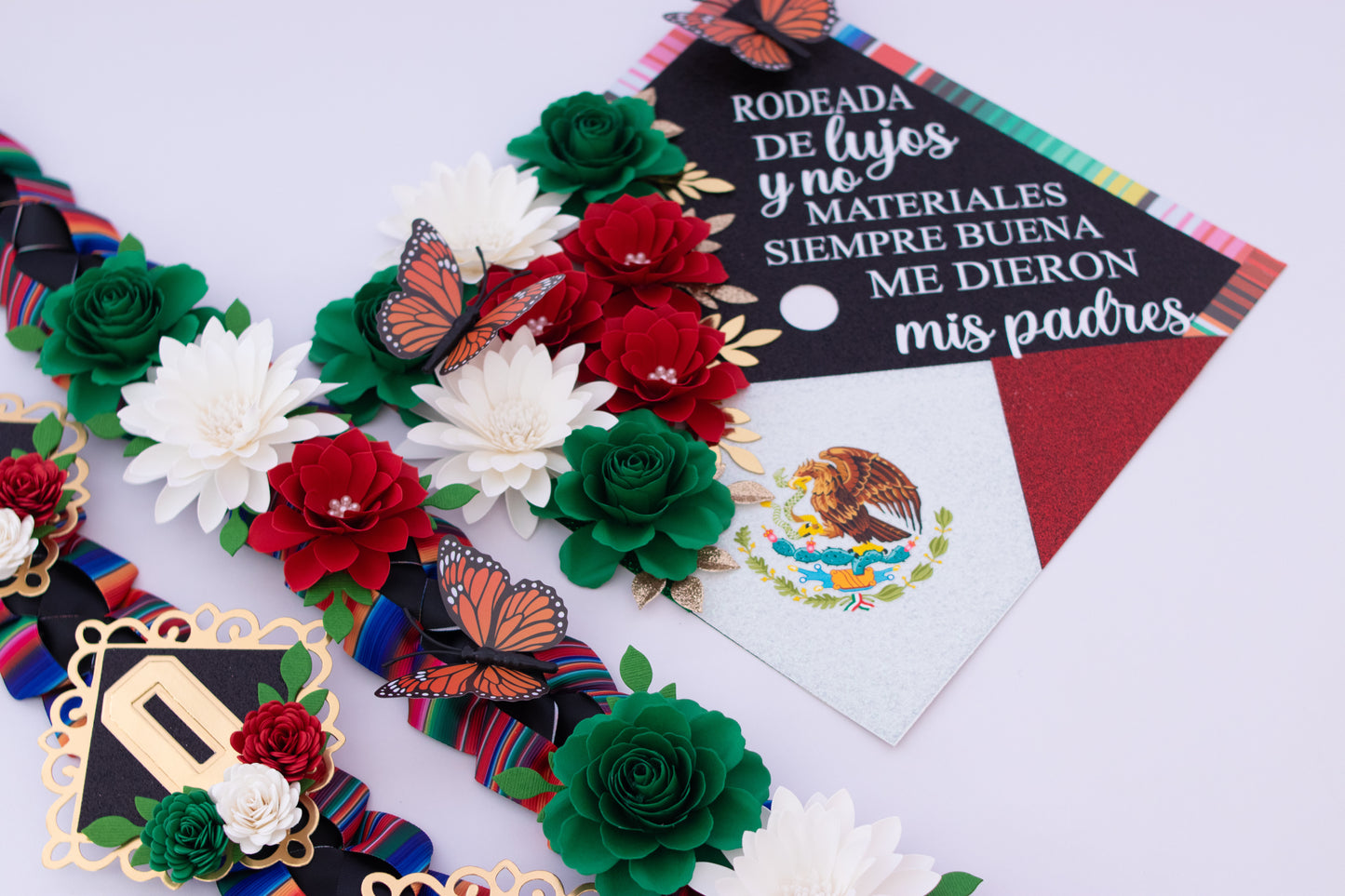 Mexican Heritage Graduation Cap Topper & Satin Ribbon Lei Bundle