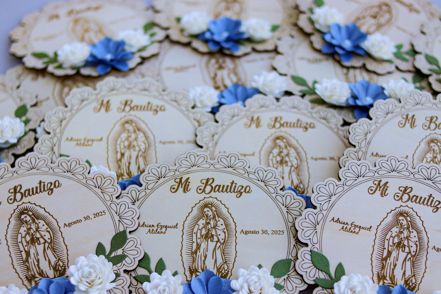 Set of 12 Wooden Baptism Keepsakes / Recuerdos de Bautizo – Personalized (San Judas or Virgen de Guadalupe)
