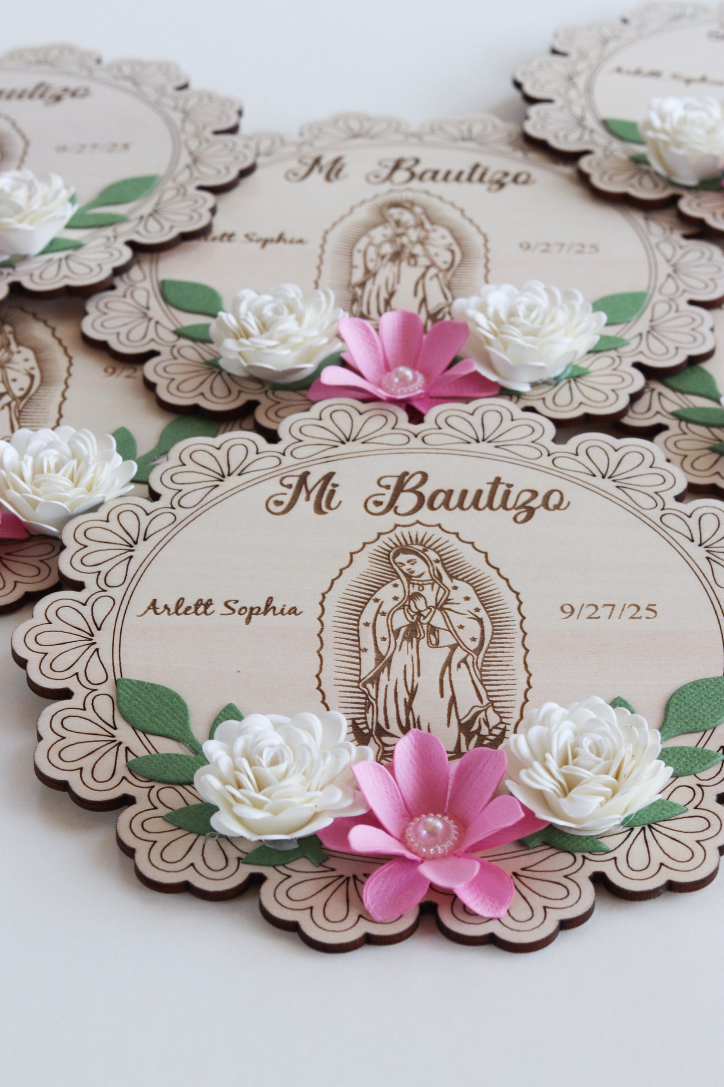 Set of 12 Wooden Baptism Keepsakes / Recuerdos de Bautizo – Personalized (San Judas or Virgen de Guadalupe)