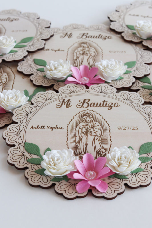 Set of 12 Wooden Baptism Keepsakes / Recuerdos de Bautizo – Personalized (San Judas or Virgen de Guadalupe)