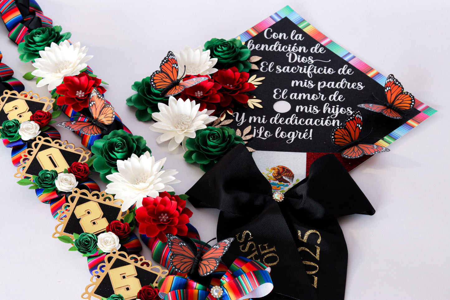 Mexican Heritage Graduation Cap Topper & Satin Ribbon Lei Bundle
