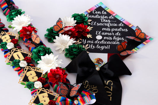 Mexican Heritage Graduation Cap Topper & Satin Ribbon Lei Bundle