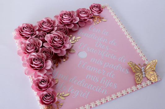 Pink Rose Graduation Cap Topper – Handmade Luxury Floral Design