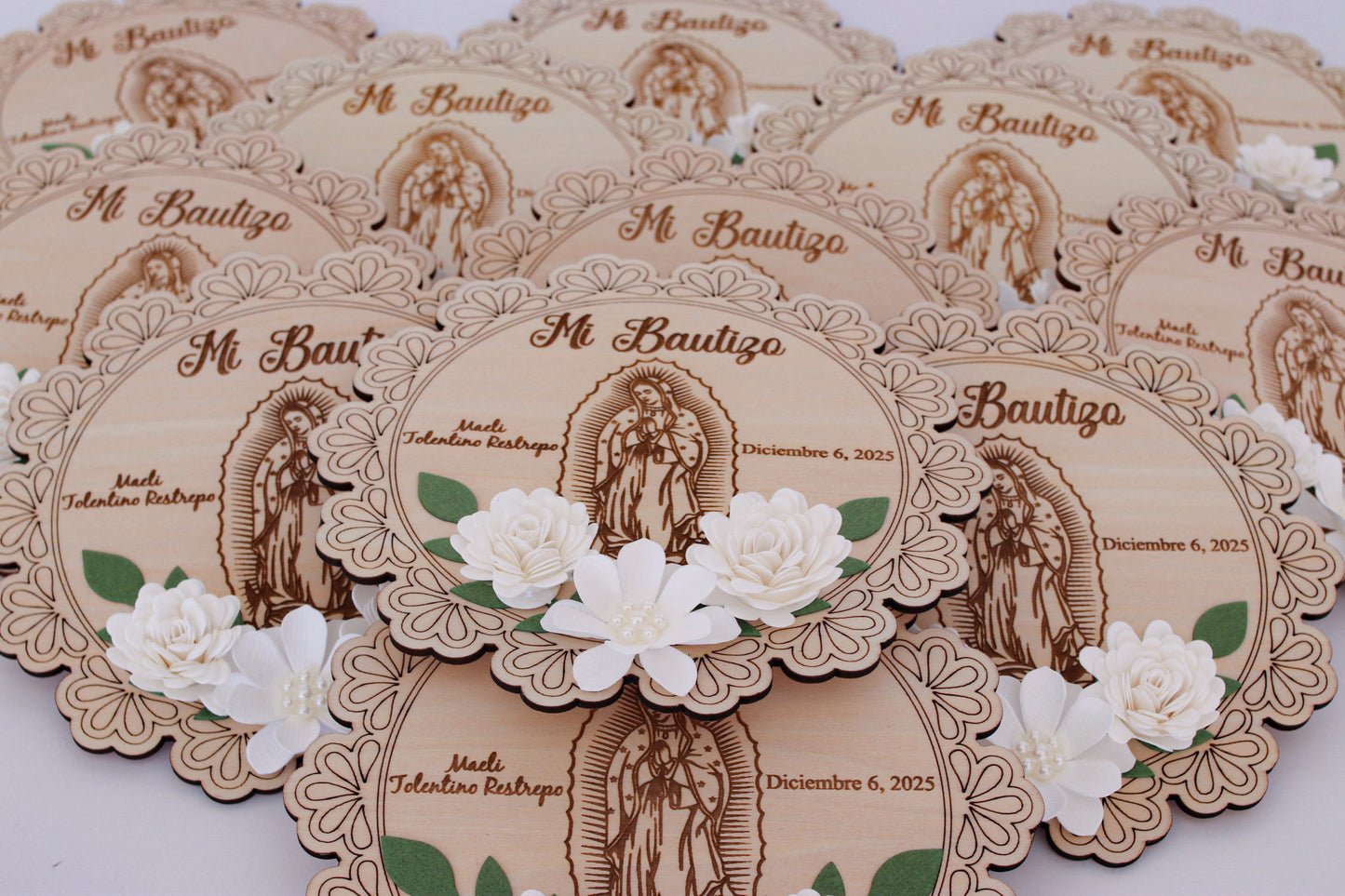 Set of 12 Wooden Baptism Keepsakes / Recuerdos de Bautizo – Personalized (San Judas or Virgen de Guadalupe)