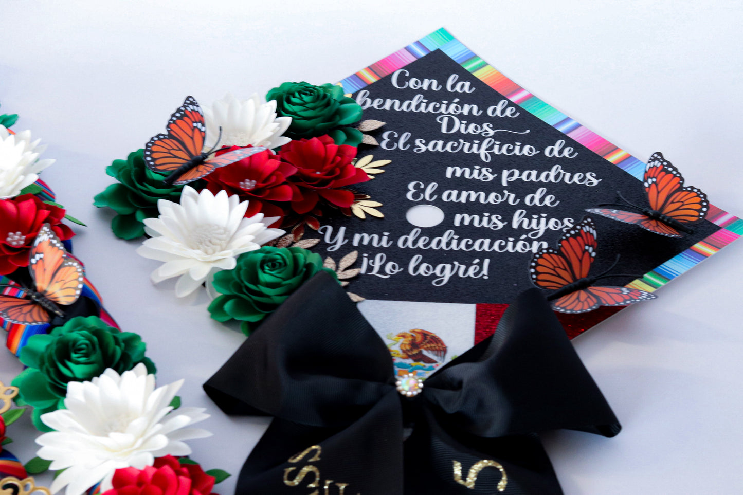 Mexican Heritage Graduation Cap Topper & Satin Ribbon Lei Bundle