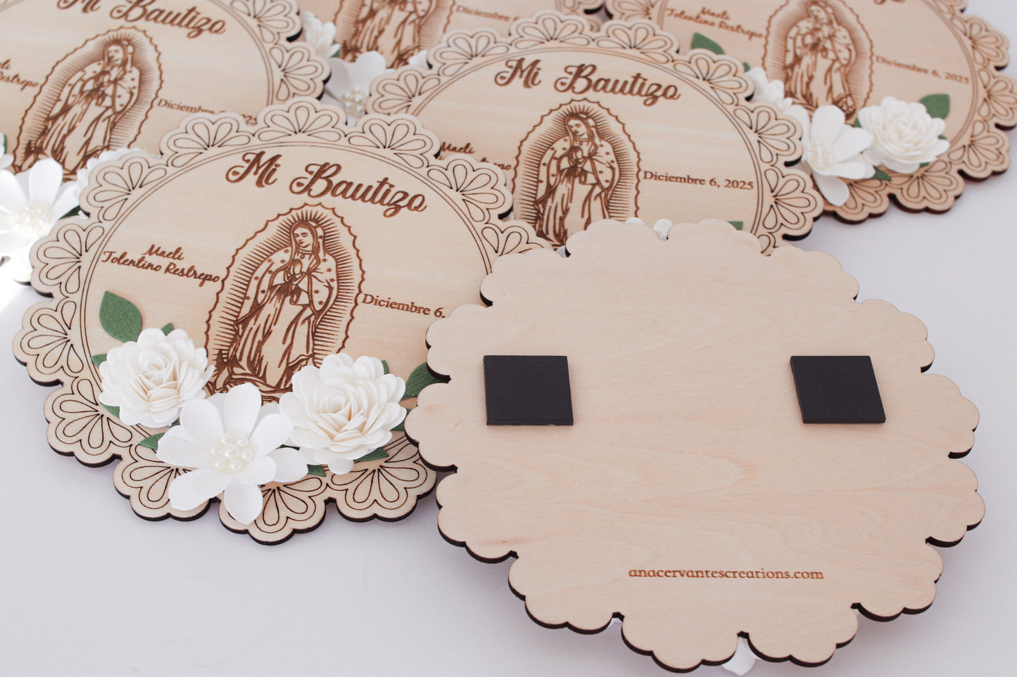 Set of 12 Wooden Baptism Keepsakes / Recuerdos de Bautizo – Personalized (San Judas or Virgen de Guadalupe)