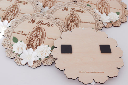 Set of 12 Wooden Baptism Keepsakes / Recuerdos de Bautizo – Personalized (San Judas or Virgen de Guadalupe)