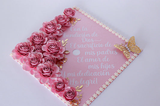 Pink Rose Graduation Cap Topper – Handmade Luxury Floral Design