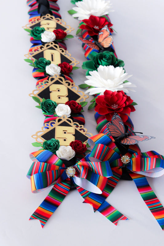 Mexican Heritage Graduation Cap Topper & Satin Ribbon Lei Bundle