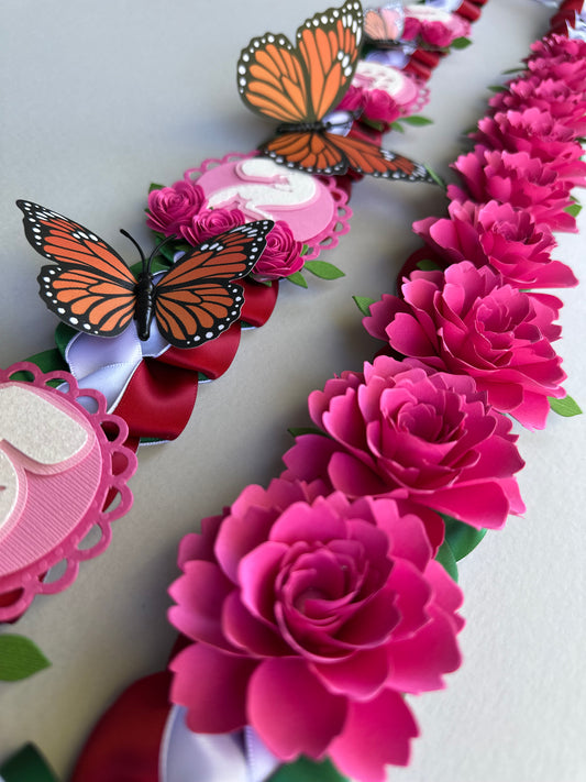 Mexican Flag Inspired Graduation Lei (Pink Flowers & Cat Letters)