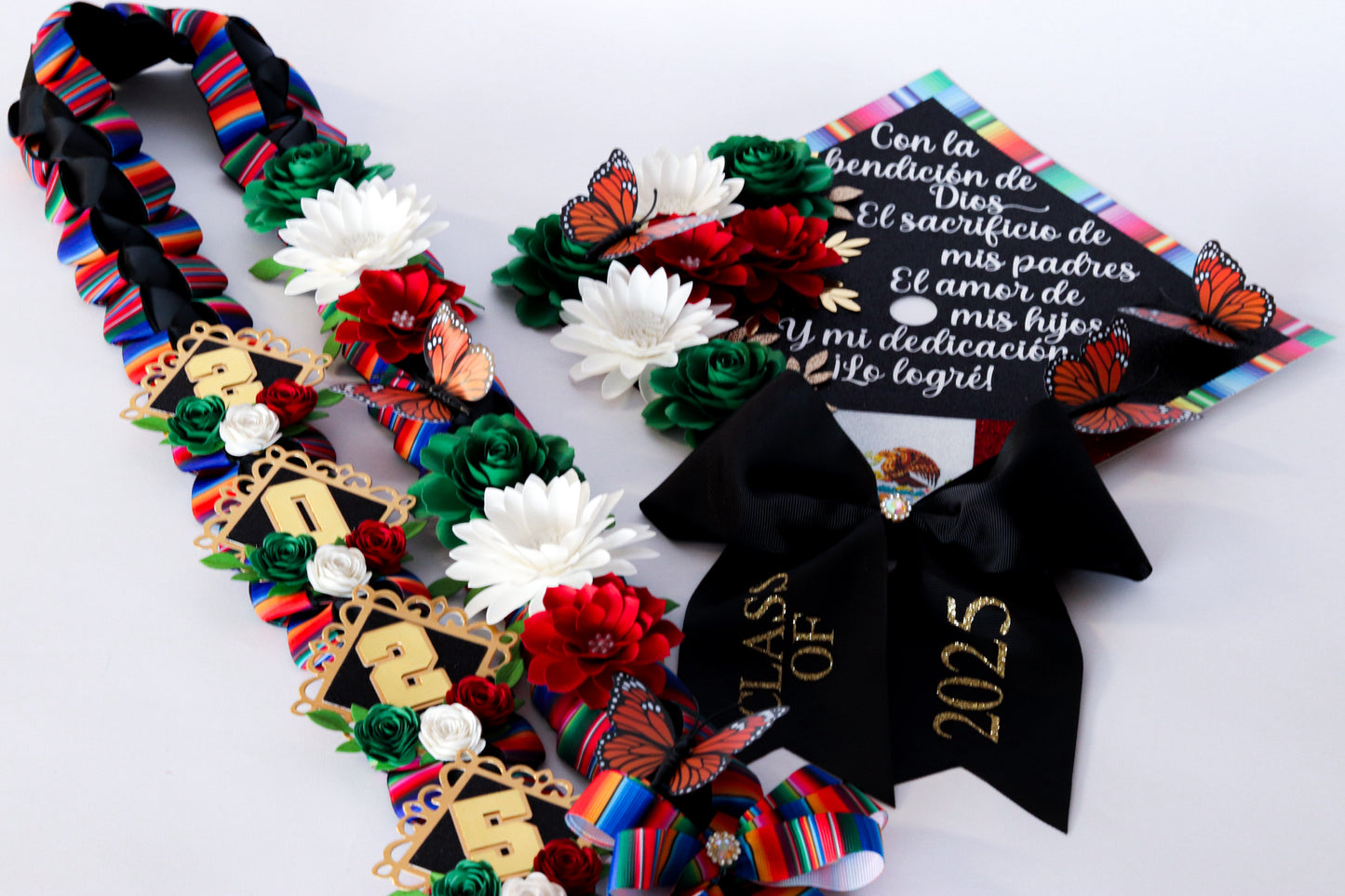 Mexican Heritage Graduation Cap Topper & Satin Ribbon Lei Bundle