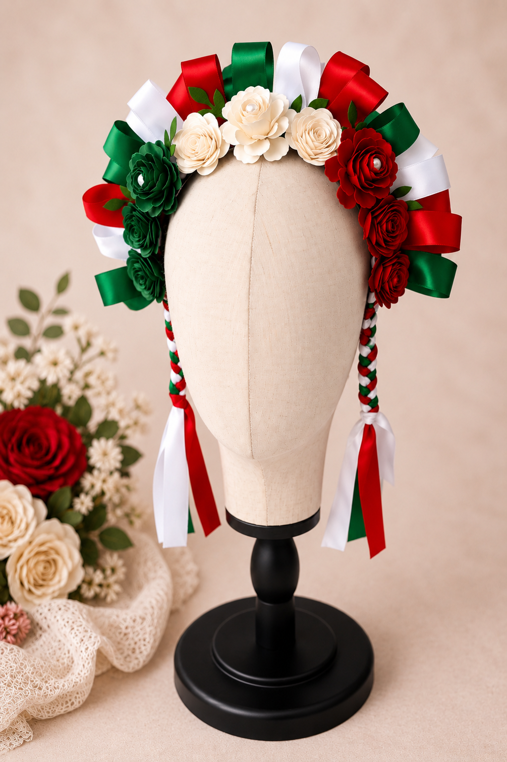 Handmade Traditional Mexican Lele Headband Ribbon & Paper Flower Headband