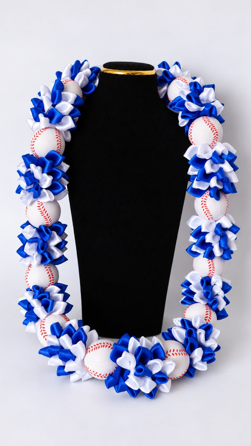 Blue and white satin ribbon graduation lei with baseballs