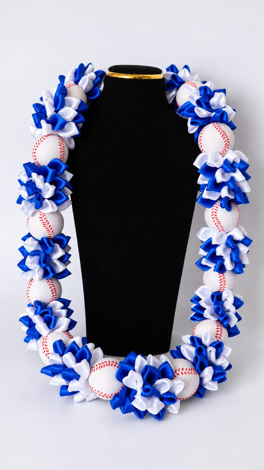 Blue and white satin ribbon graduation lei with baseballs