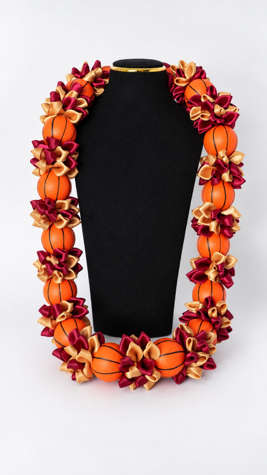 Burgundy and gold satin ribbon graduation lei with basketballs